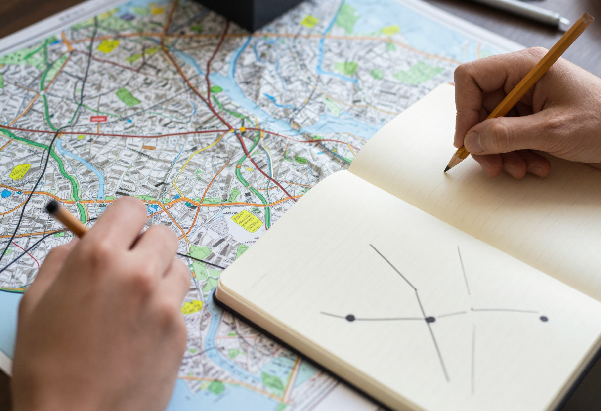 Close-up view of hands laying out multiple printed maps and notebooks—one marked up with pencil, one showing trail markers drawn by hand.