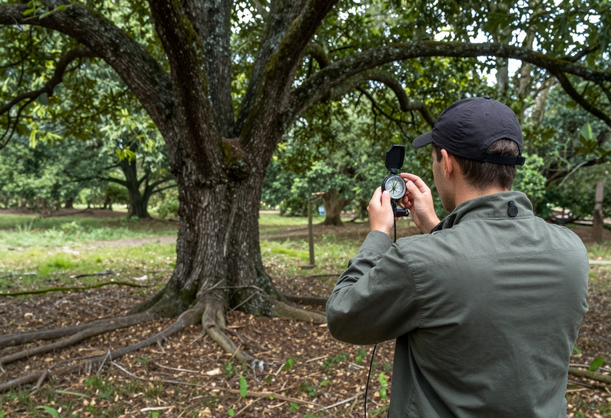 A person using a compass to take bearings while standing next to a large stand of trees in open woods.