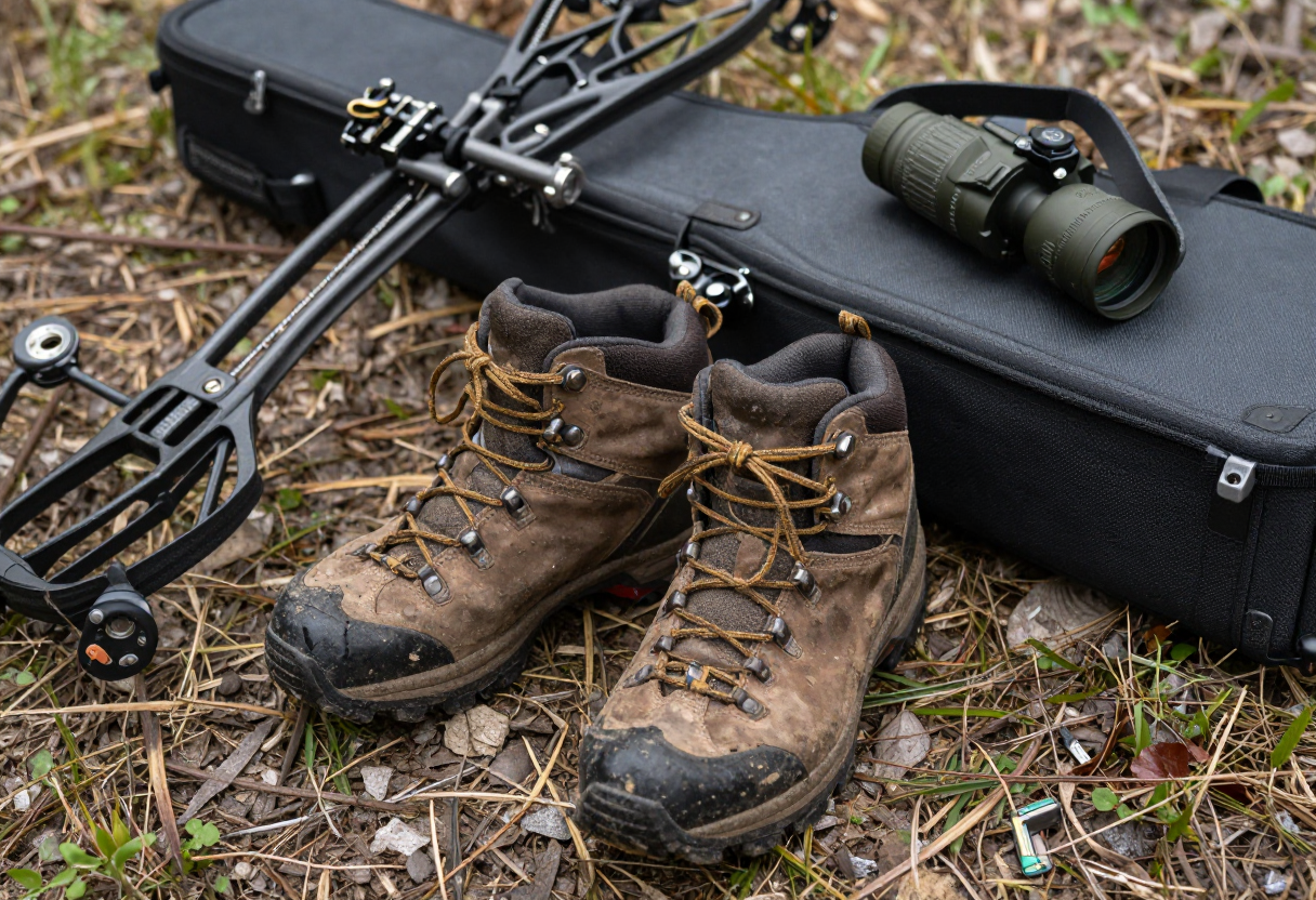 A pair of muddy hiking boots resting next to a bow case and optics bag, suggesting gear has been used in challenging outdoor conditions.