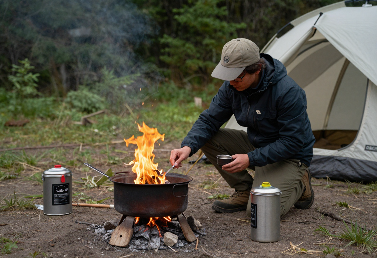 A person kneeling next to a small fire pit in an established campsite, tending to cooking gear while using a bear canister nearby.