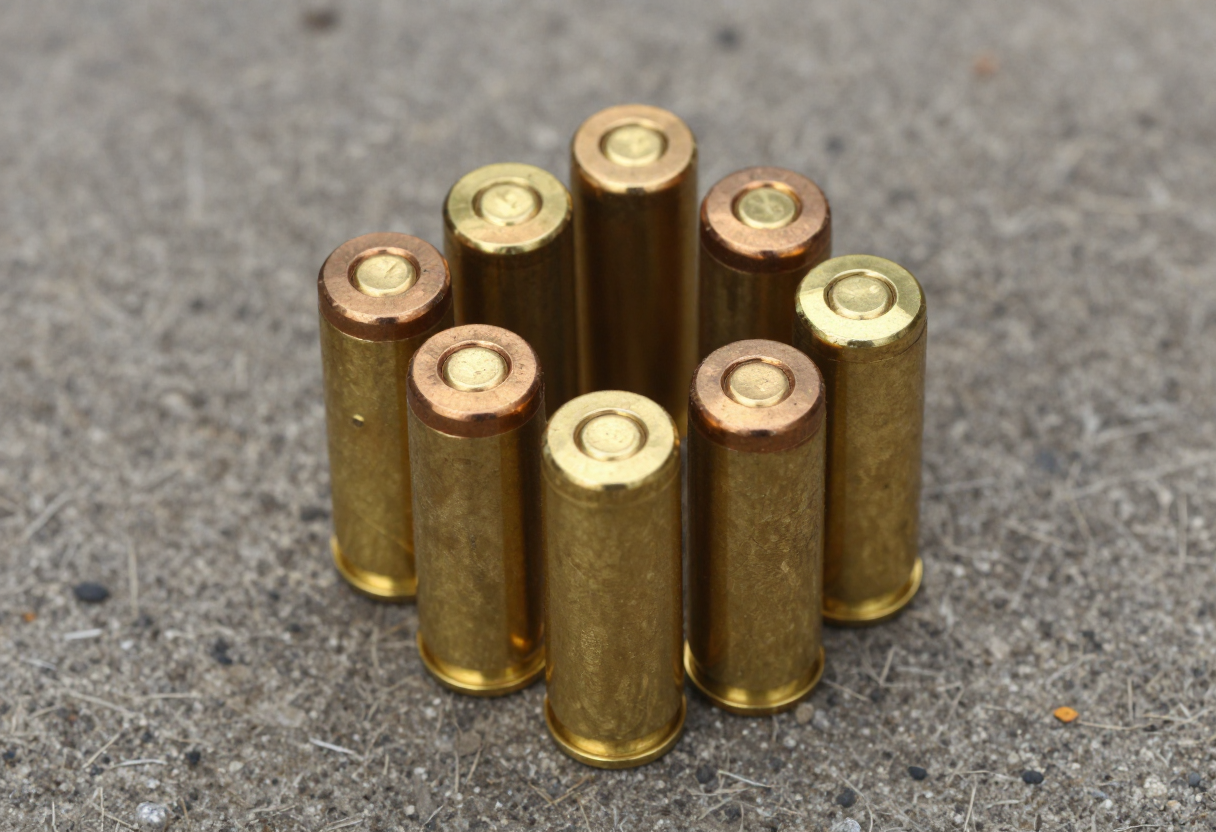 Close-up view showing several spent brass casings grouped together in an organized manner near the ground after shooting practice.