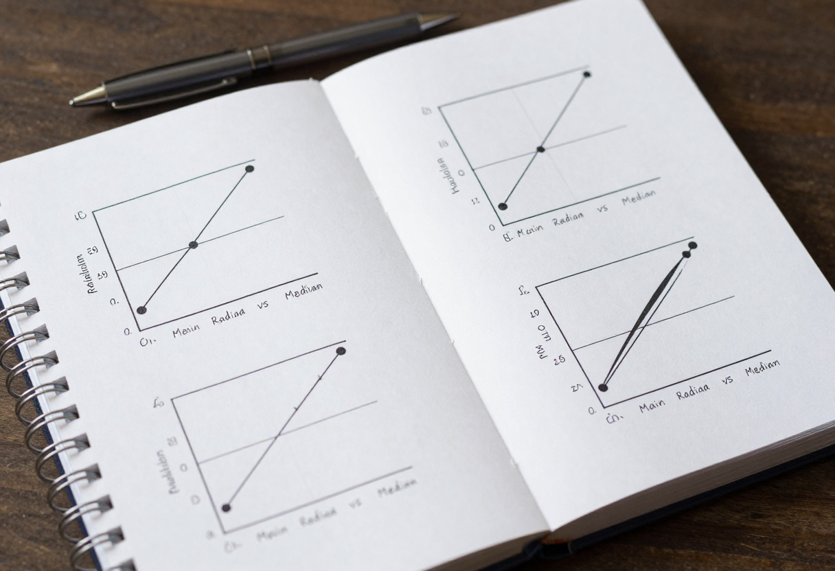 A field manual or notepad showing hand-drawn diagrams illustrating different types of ballistic data points (e.g., Mean Radius vs Median).
