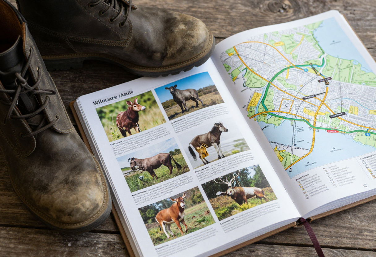 A pair of boots resting beside an open binder filled with physical state wildlife brochures and marked maps.