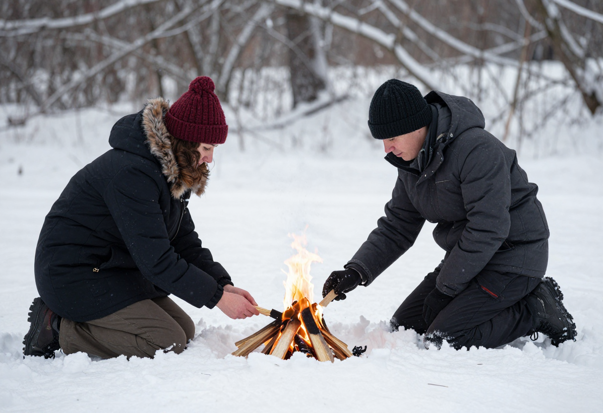 Two people kneeling in deep snow who are carefully tending a small fire using minimal kindling and dry tinder gathered from the surrounding woods.