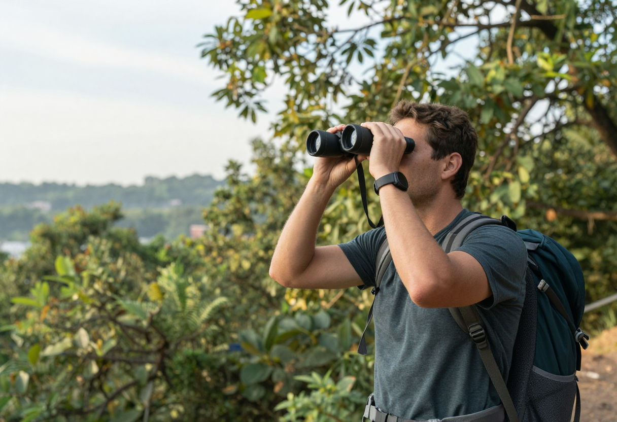 An amateur hiker using binoculars to scan the canopy of trees from a ridge line during daylight hours.