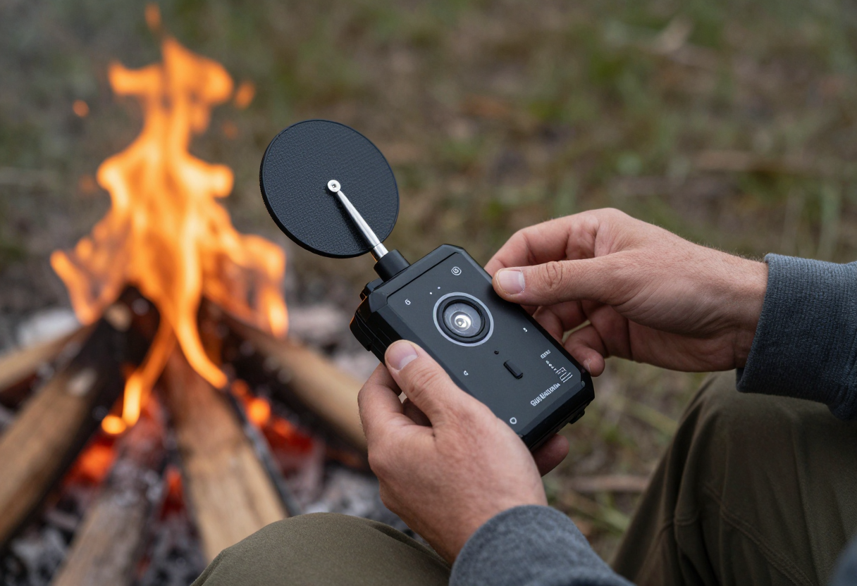 A pair of hands adjusting the batteries on a compact satellite communication device while sitting near a campfire.