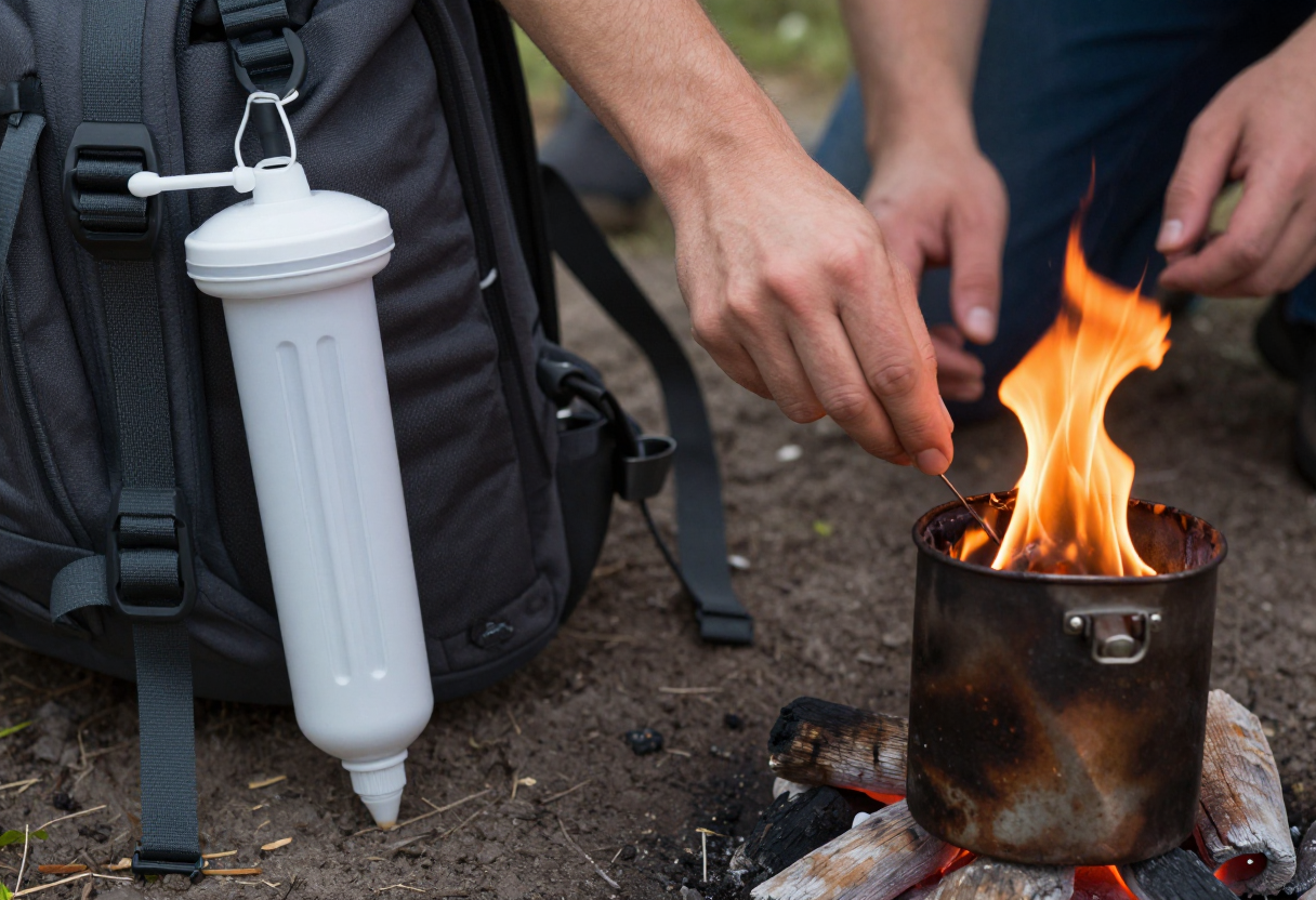 Hands using multiple methods of water purification: one bottle filter is attached to a backpack strap while another person simultaneously lights a fire in a metal container over hot coals for boiling.