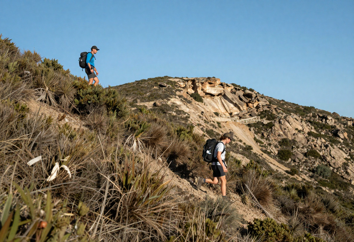 Two hikers moving quickly and intentionally down a steep slope of brush-covered earth rather than across the exposed ridge crest.