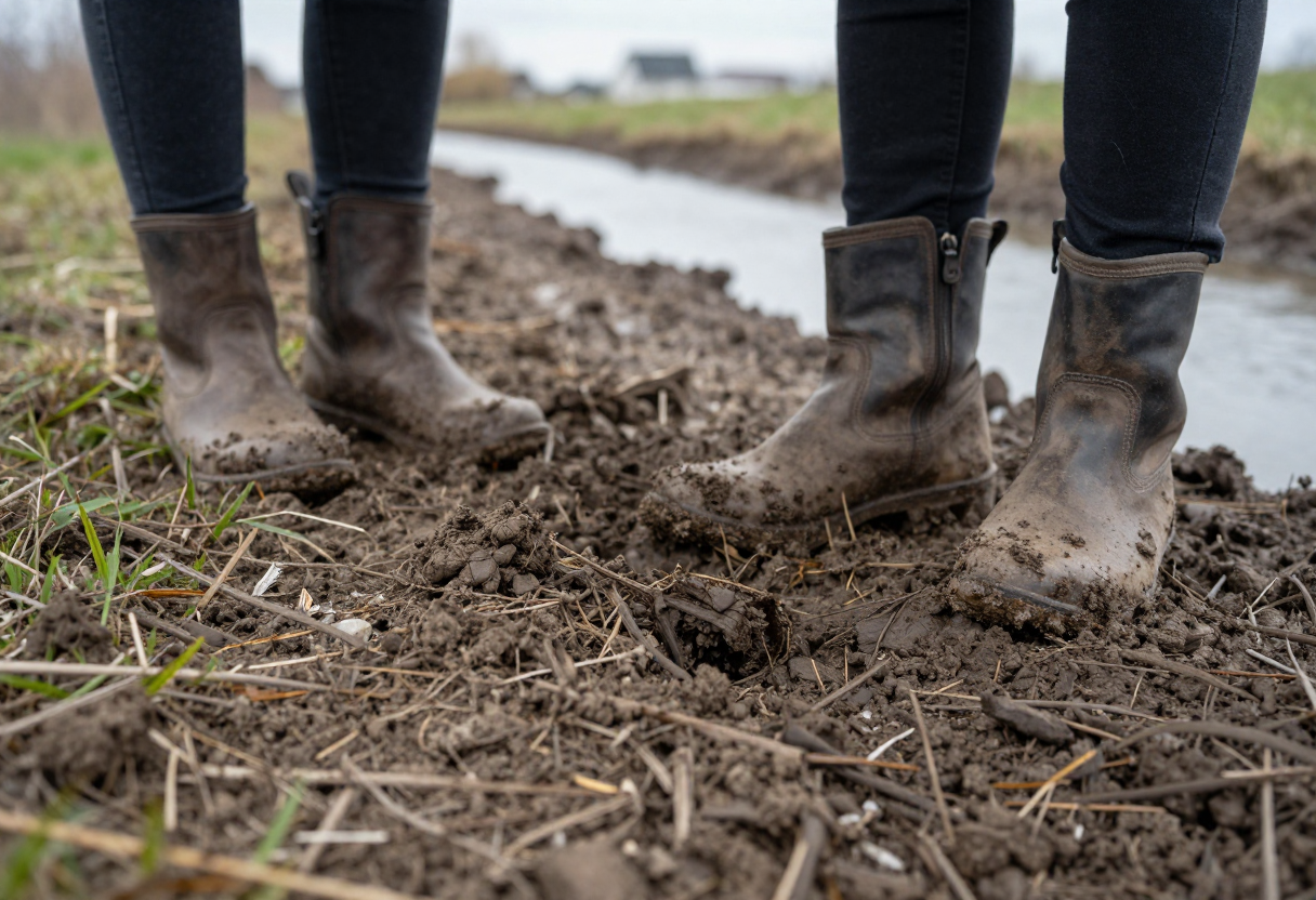 Two pairs of boots planted on soft ground; one pair is muddy from moving across drainage ditches, indicating recent animal travel. The focus should be low to the ground.