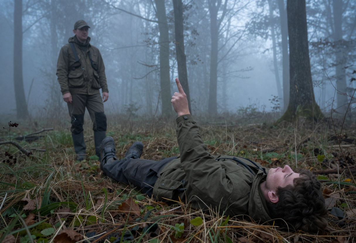 A person lying prone on the forest floor during early morning fog, using hand signals to communicate a direction change to another hunter who is visible through the mist.
